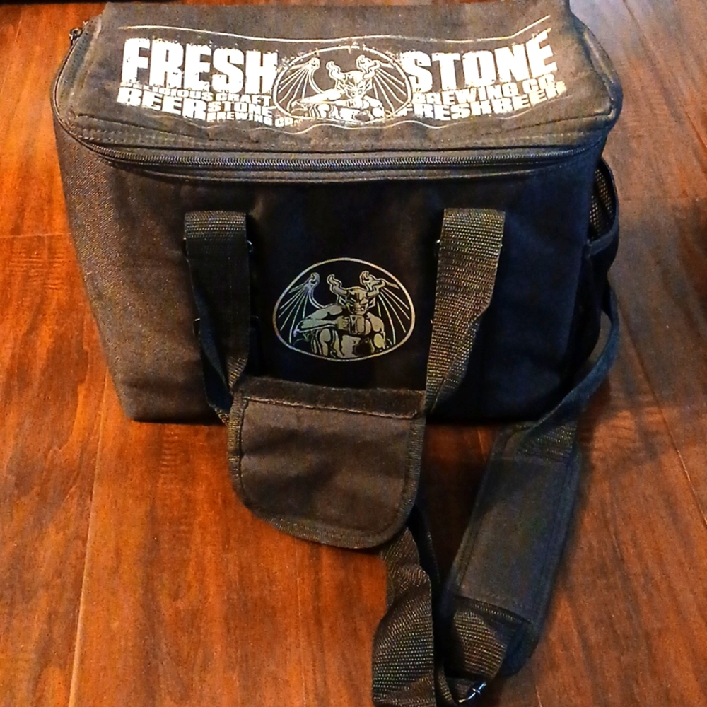 Stone Brewing insulated cooler bag with handles and removable shoulder strap